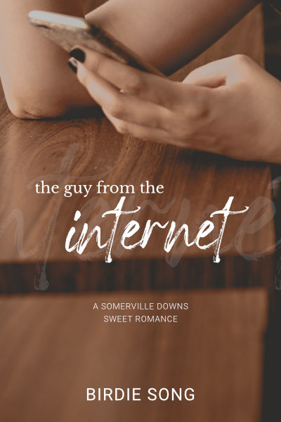 A hand holds a mobile phone. Cover of The Guy from the Internet by Birdie Song