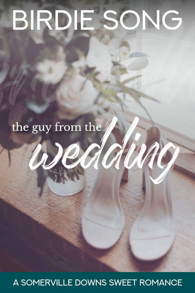 Book cover: A pair of strappy cream high-heels beneath a glass vase of flowers. The Guy from the Wedding by Birdie Song.